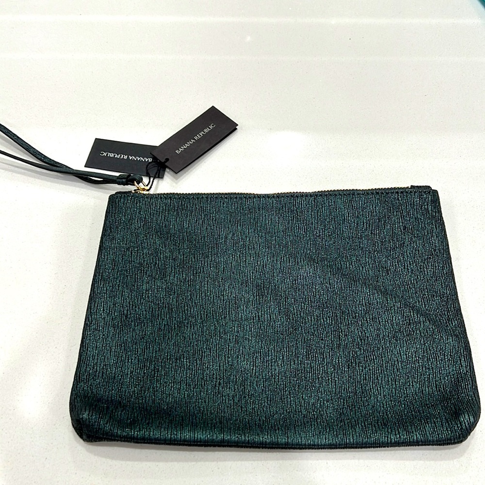 NWT Dark Emerald Green Clutch w Leather Trim by Banana Republic